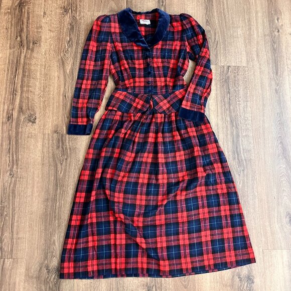 Vintage Lanz Originals 80s Red Plaid Velvet Trim Peplum Tartan Dress Sz XS - Picture 1 of 15